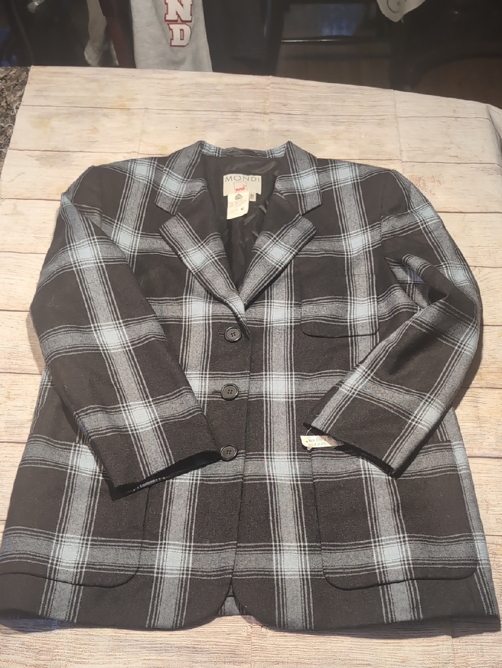 Mondi Women's Vintage Black & Blue Plaid New Wool Blazer Size 42 US 10-12